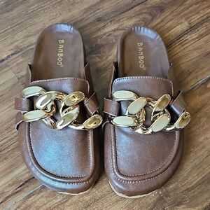 MISS LOLA BAMBOO Chunky Chain Detail Brown Slip On Flats Size 6